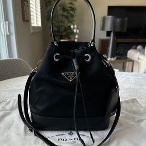 Prada Black Nylon and Leather Drawstring Bucket Bag